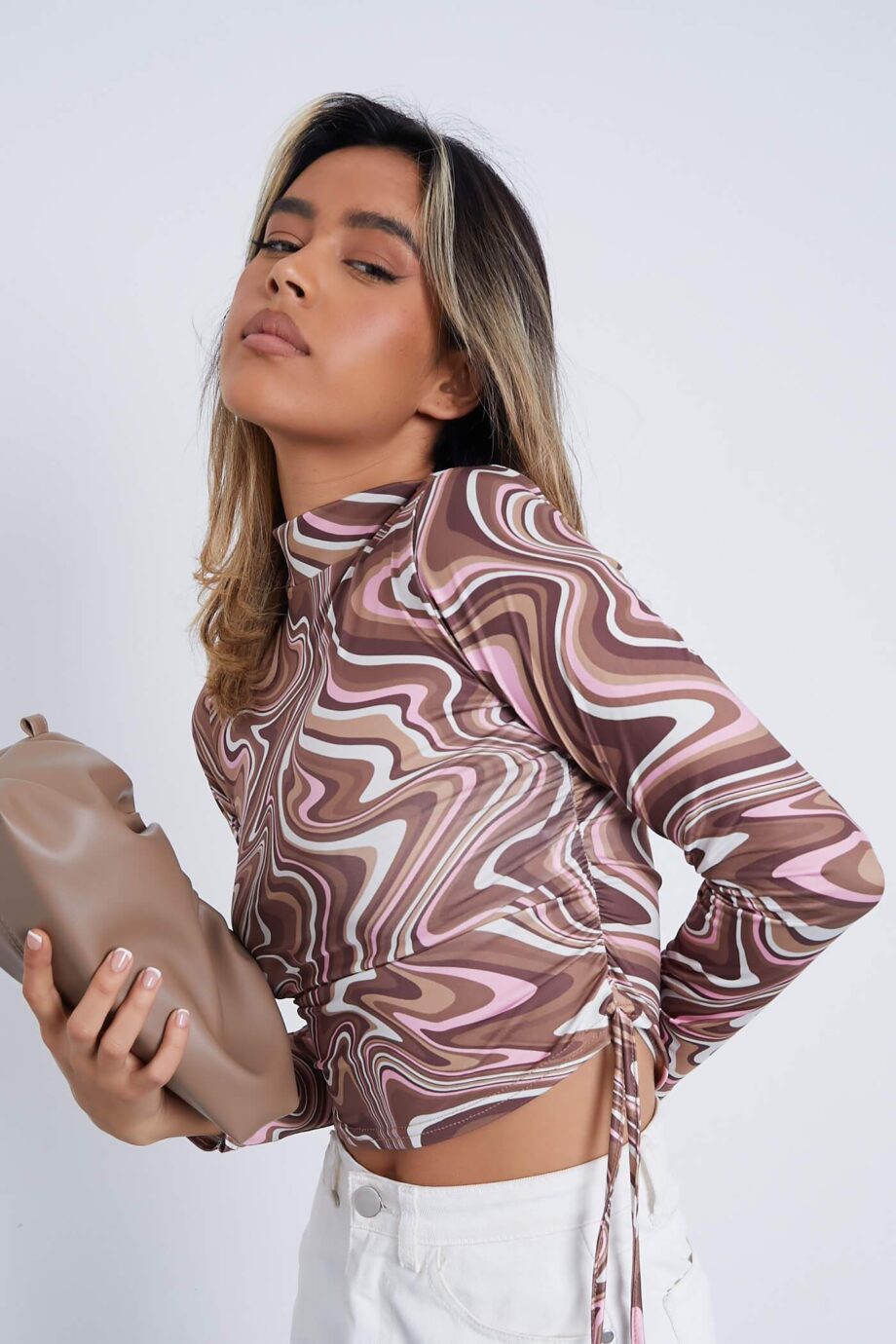Chocolate Marble Print Mesh Long Sleeve Ruched Side Crop Top - 4 / BROWN