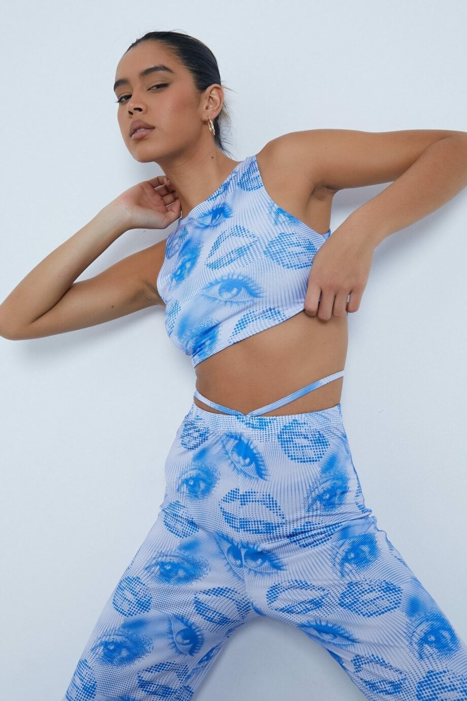 Cobalt Blue Illusion Eye/Lips Print Slinky Racer Crop Top - 6 / BLUE