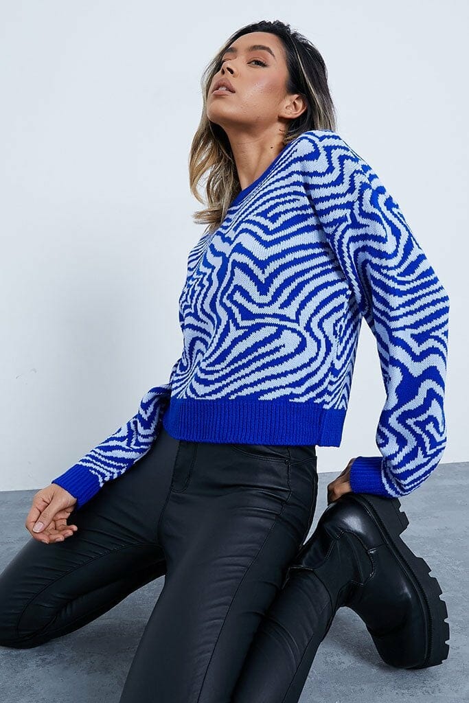Cobalt Blue Swirl Jacquard Cropped Jumper With Balloon Sleeve - 4 / BLUE