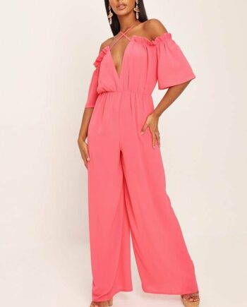 Coral Cross Front Bardot Jumpsuit - 4 / RED