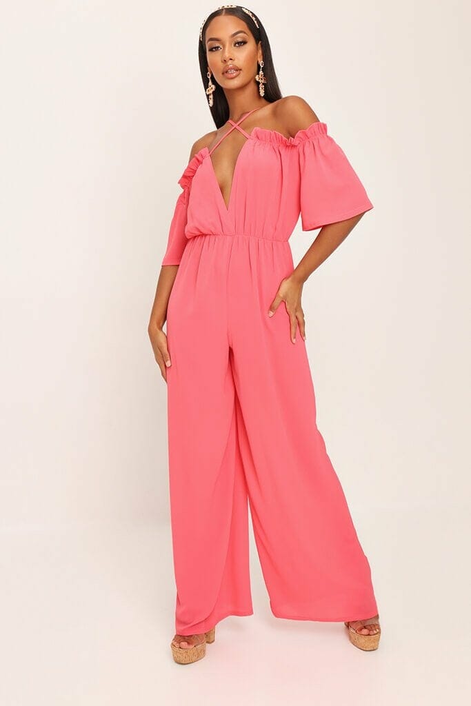 Coral Cross Front Bardot Jumpsuit - 4 / RED