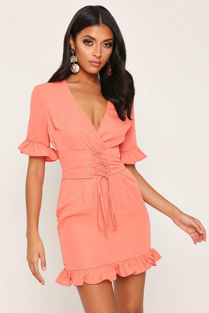 Coral Lace Up Detail Tea Dress - 6 / RED