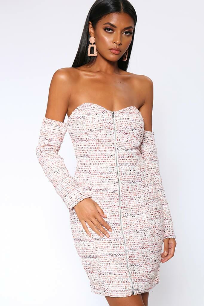 Cream Boucle Off The Shoulder Bodycon Dress - 6 / WHITE