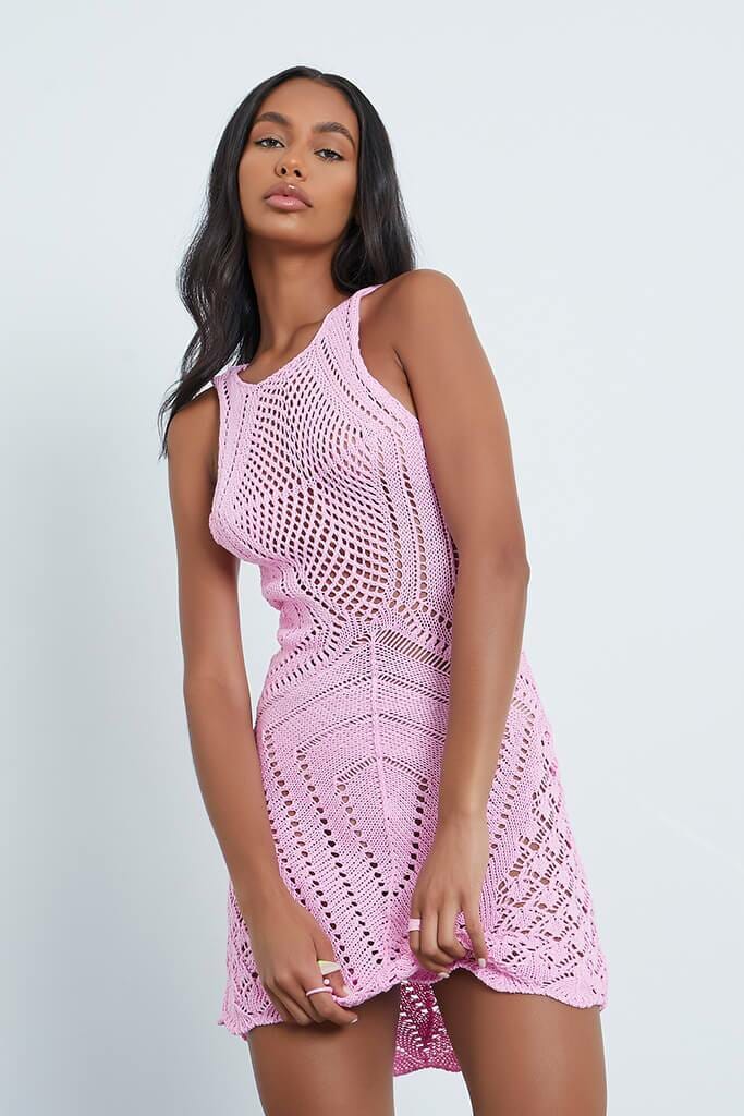 Dusky Pink Crochet Racer Neck Dress - XS / PINK