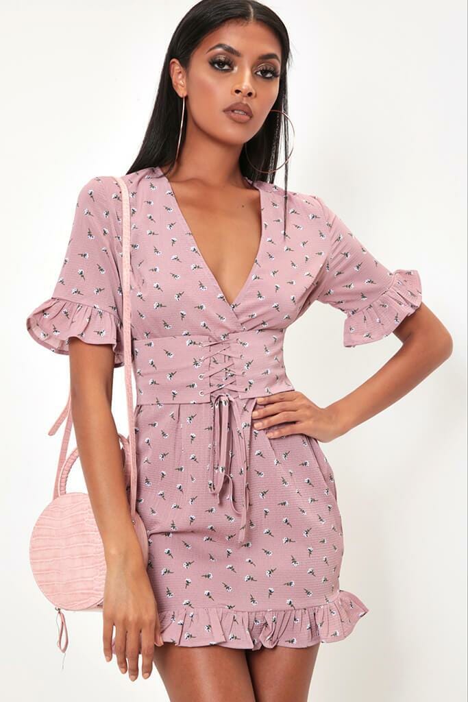 Dusky Pink Floral Lace Up Detail Tea Dress - 6 / PINK