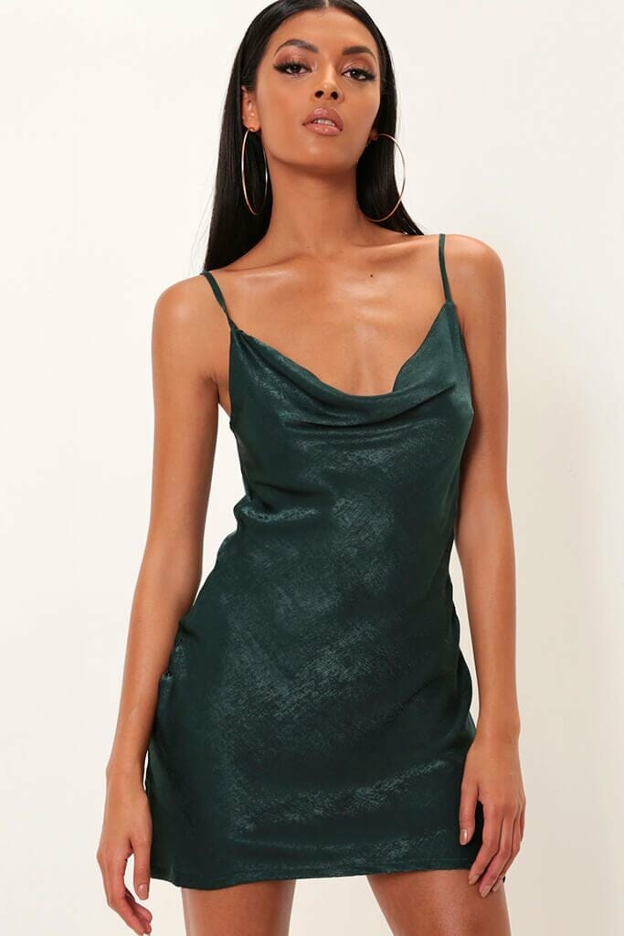 Emerald Cowl Neck Satin Mini Dress - 6 / GREEN
