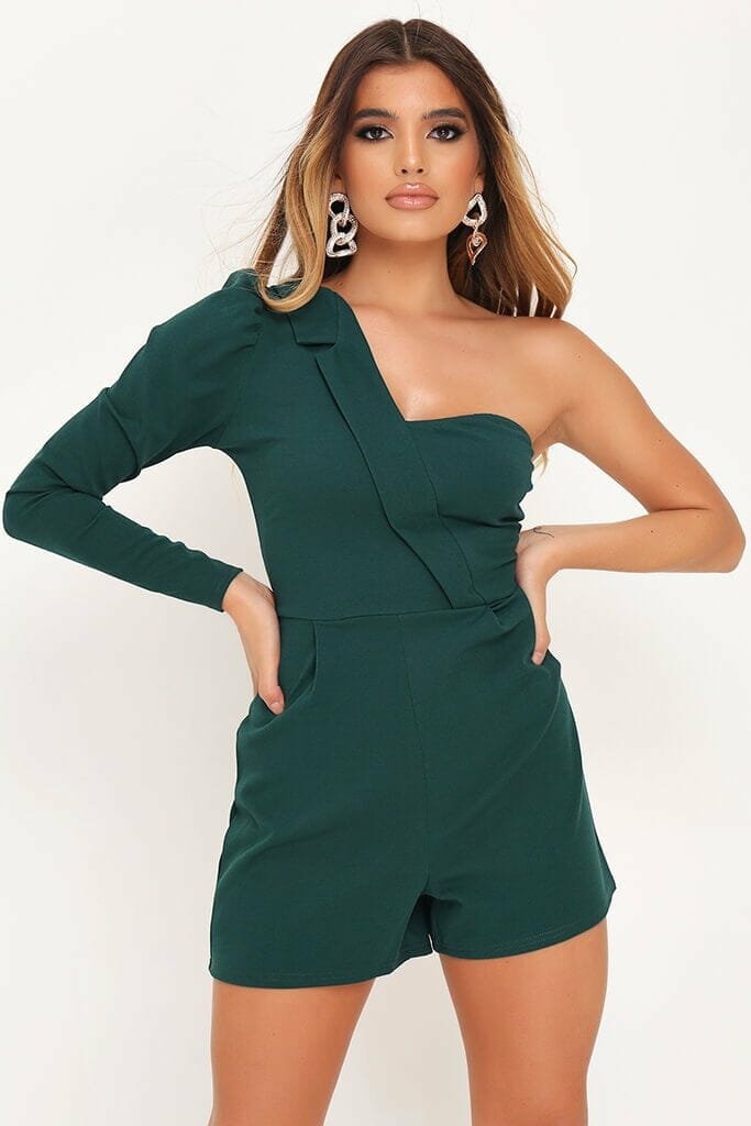 Emerald One Sleeve Lapel Playsuit - 6 / GREEN