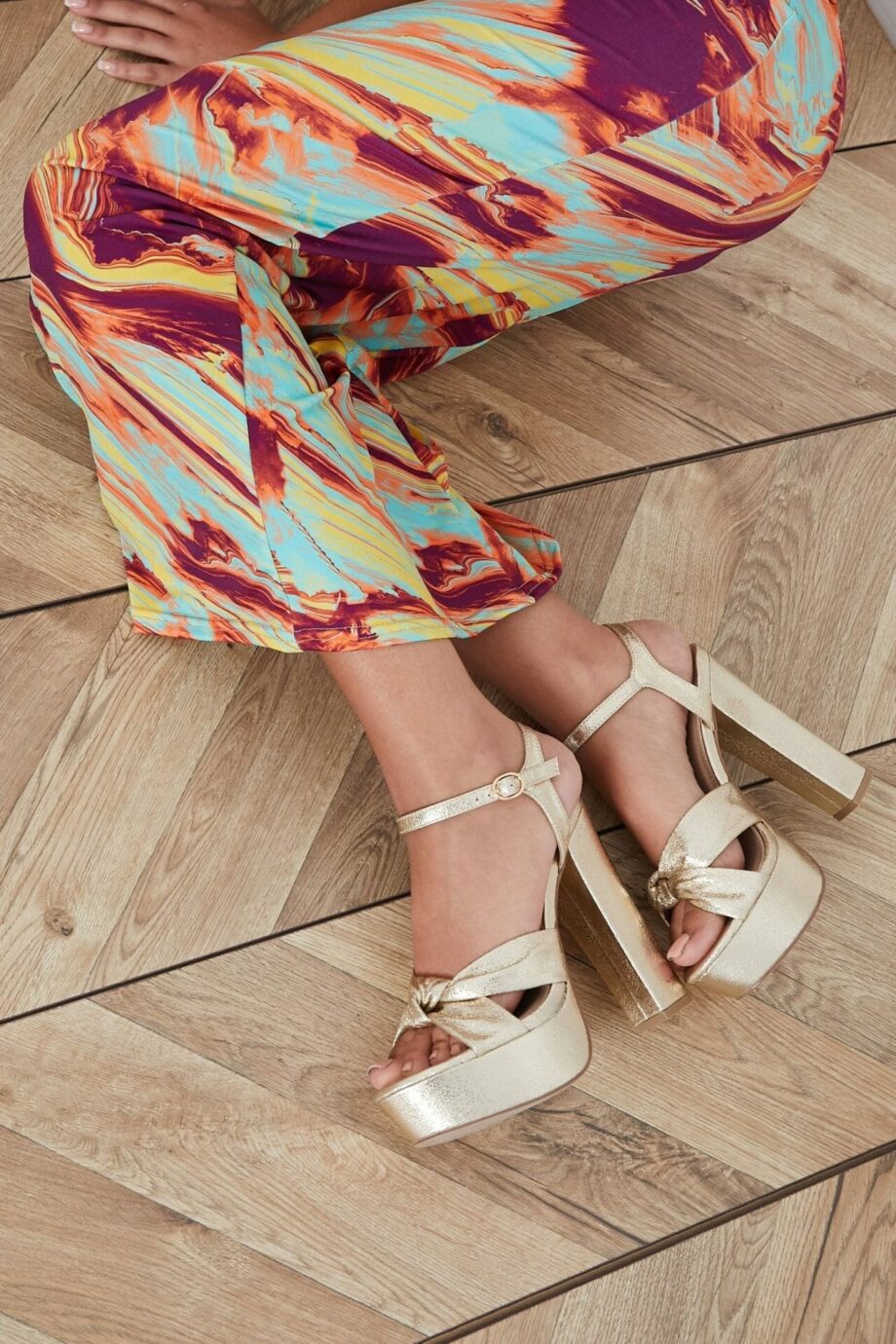 Gold Knot Front Platform Metallic Heeled Sandals - 3 / METALLIC