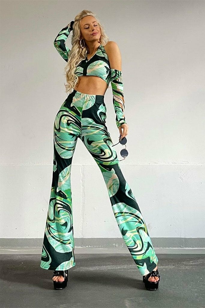 Green Marble Printed Halterneck Co-Ord Crop Top With Sleeves - 4 / GREEN