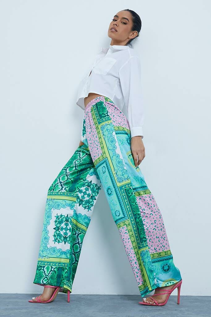 Green Tile Print Satin Trousers - 4 / GREEN