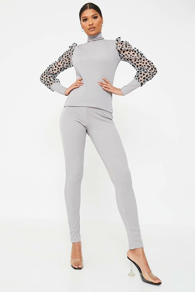 Grey Leopard Print Organza Sleeve Loungewear Set - XS / GREY