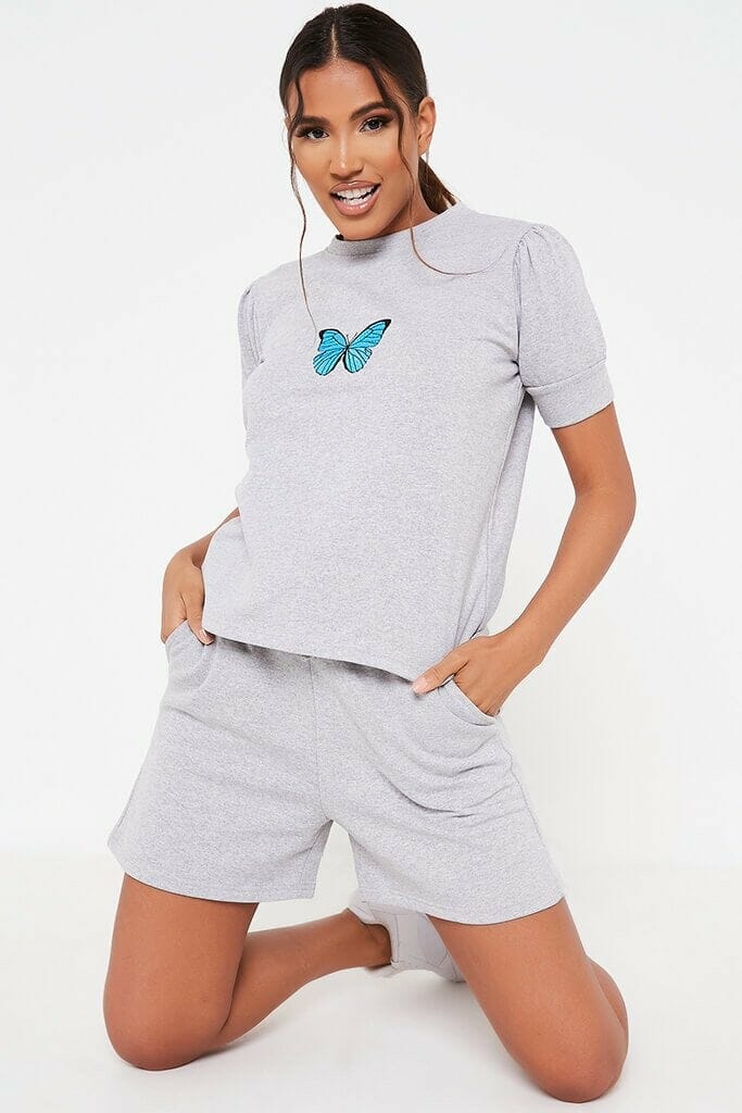 Grey Marl Butterfly Embroidered Short Loungewear Set - 4 / GREY