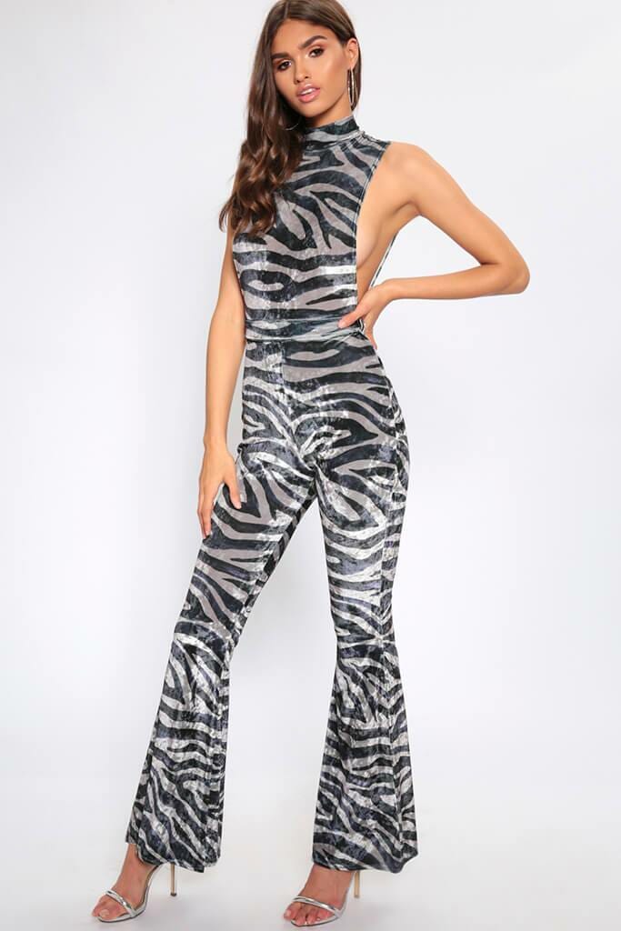 Grey/Light Tiger Print Velvet Jumpsuit - 6 / GREY