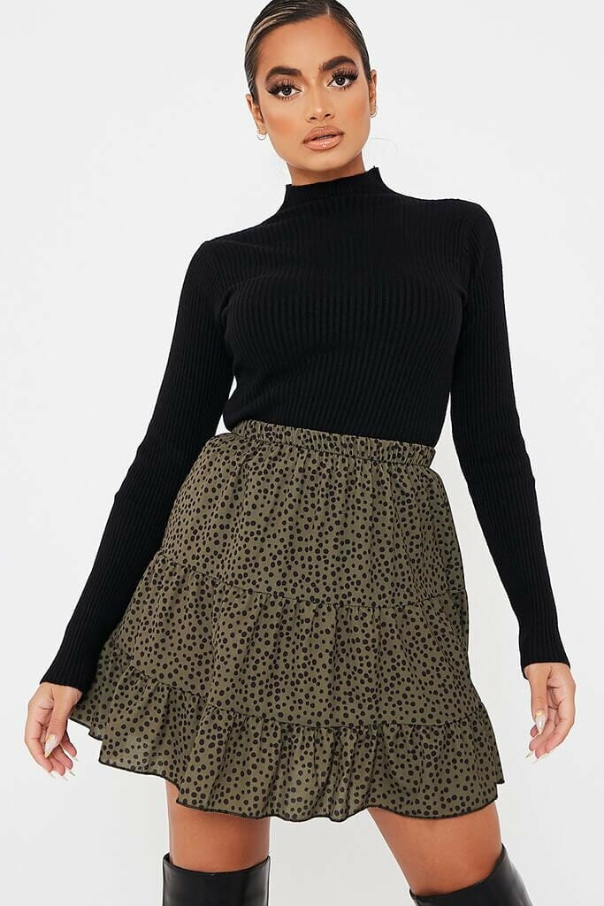Khaki Spot Print Tiered Frill Mini Skirt - 4 / GREEN
