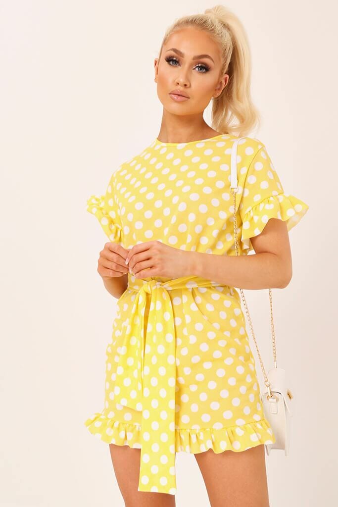Lemon Polka Dot Tie Waist Frill Detail Dress - 6 / YELLOW
