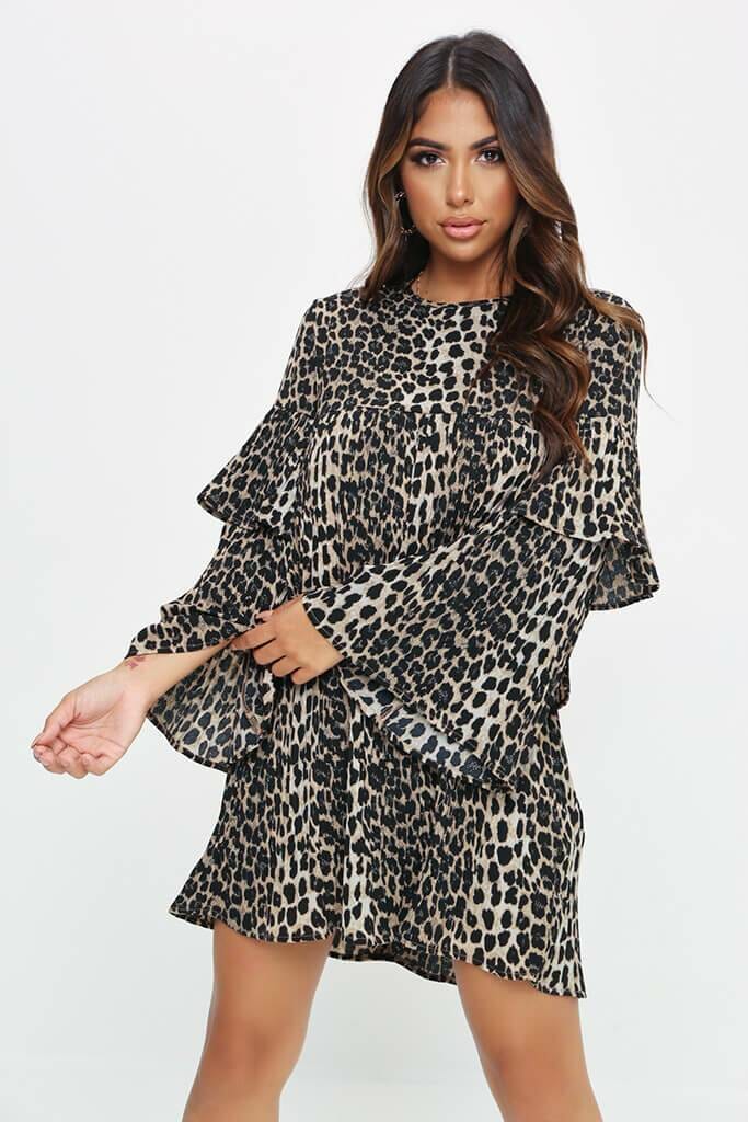 Leopard Leopard Print Woven Pleated Smock Dress - 6 / BROWN