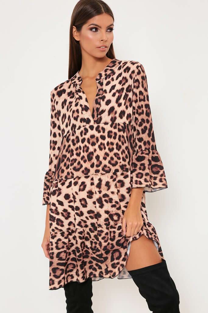 Leopard Print Flared Sleeve Smock Dress - S/M / BROWN