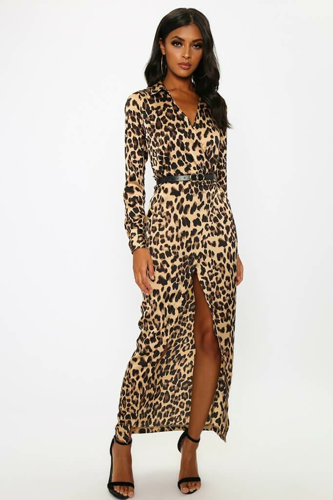 Leopard Print Satin Wrap Midaxi Dress - 6 / BROWN
