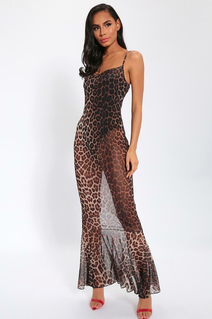 Leopard Print Sheer Maxi Dress - 6 / BROWN