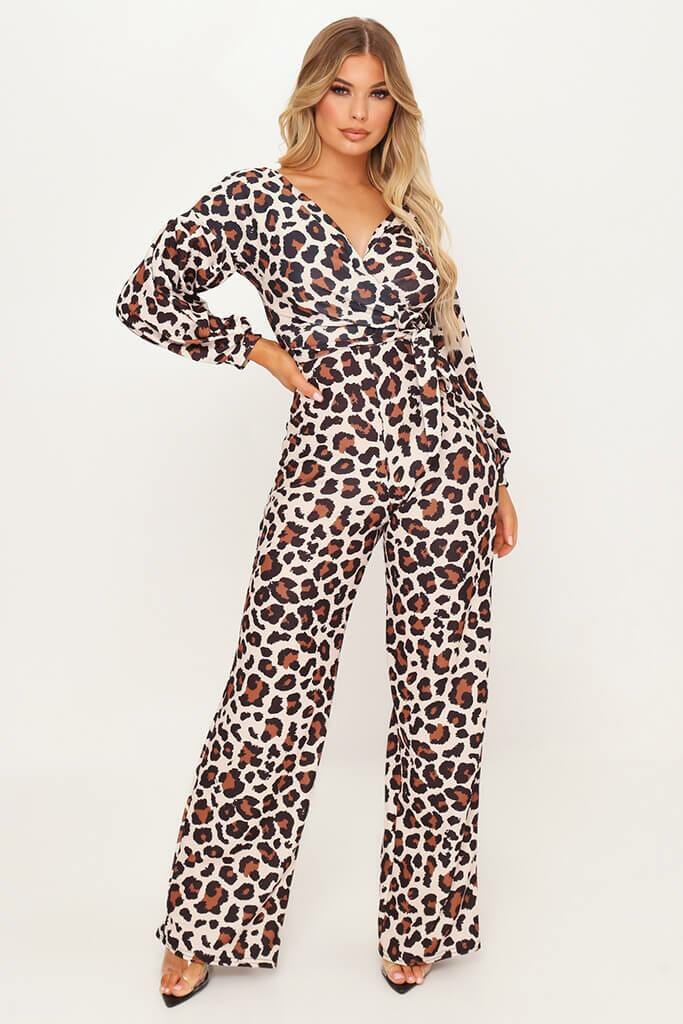 Leopard Print Wrap Front Balloon Sleeve Jumpsuit - 4 / BROWN