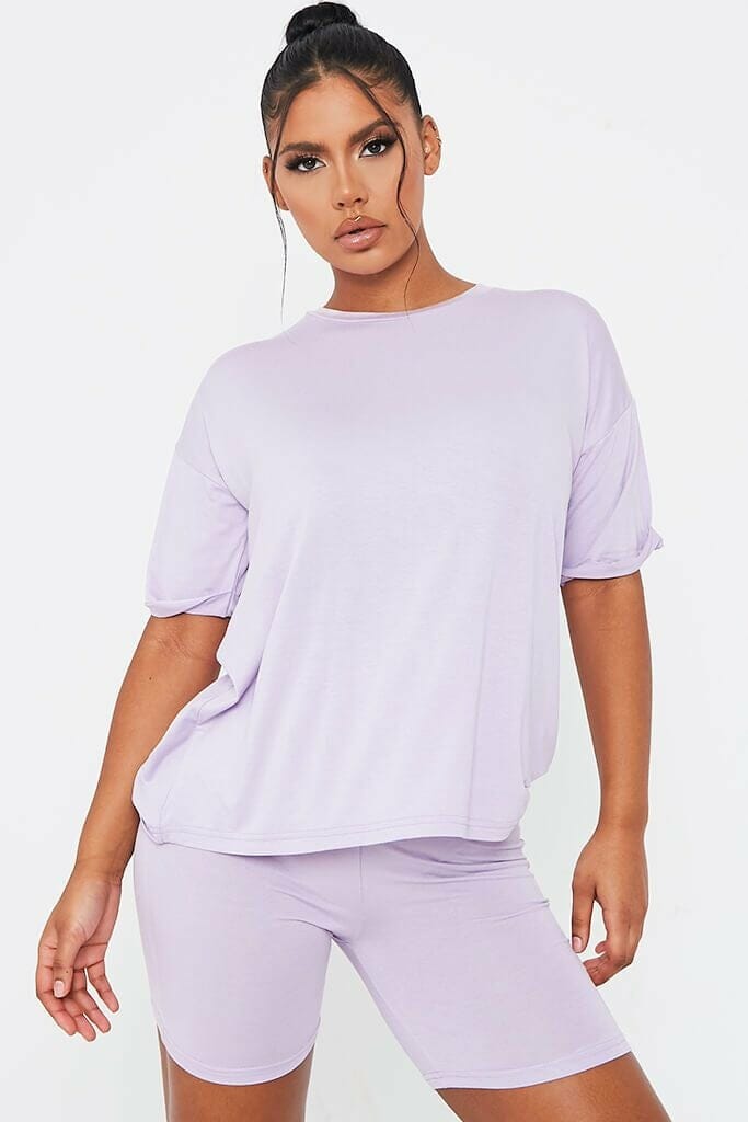 Lilac Oversized T-Shirt And Cycling Shorts Loungewear Set - 4 / PURPLE