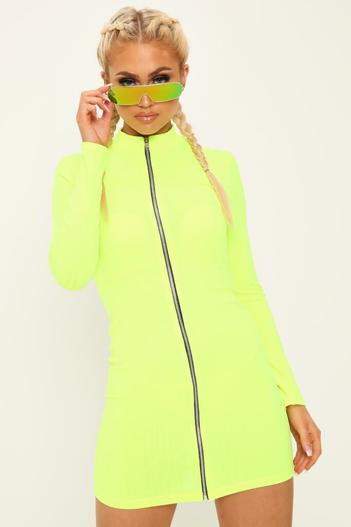 Lime Zip Front High Neck Ribbed Dress - 6 / GREEN
