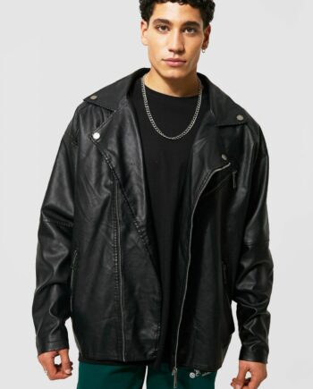 Mens Black Leather Look Oversized Biker Jacket, Black
