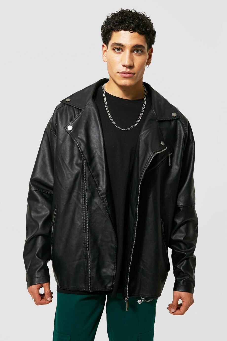 Mens Black Leather Look Oversized Biker Jacket, Black