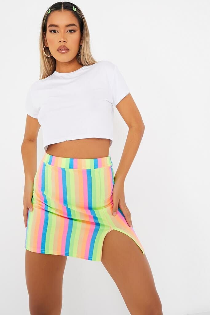 Multi Rainbow Stripe Side Split Mini Skirt - 4 / MULTI
