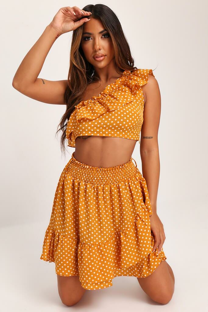Mustard Polka Dot One Shoulder Crop Top & Ruffle Skirt - 6 / YELLOW