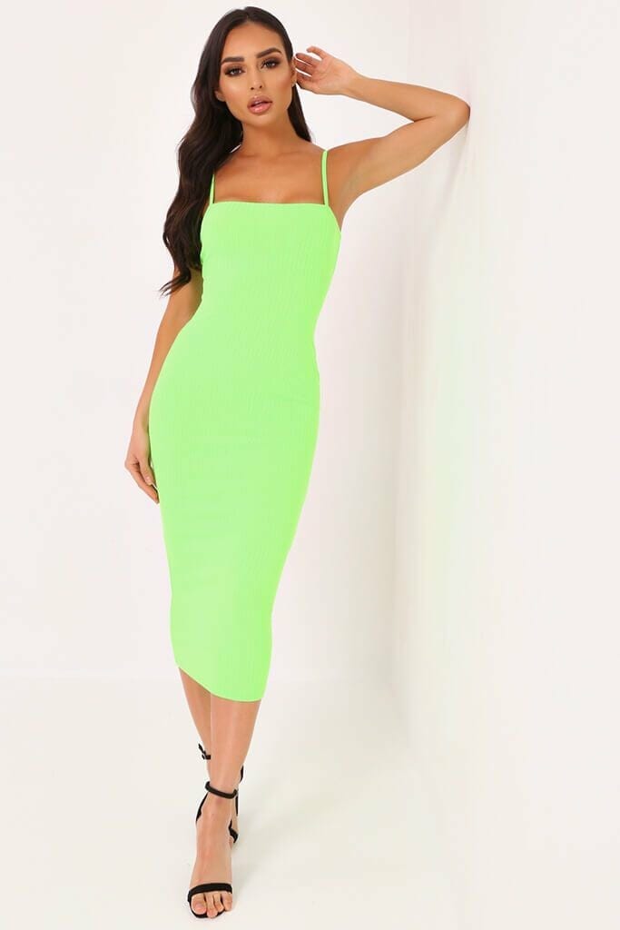 Neon Lime Cami Ribbed Midaxi Dress - 6 / GREEN