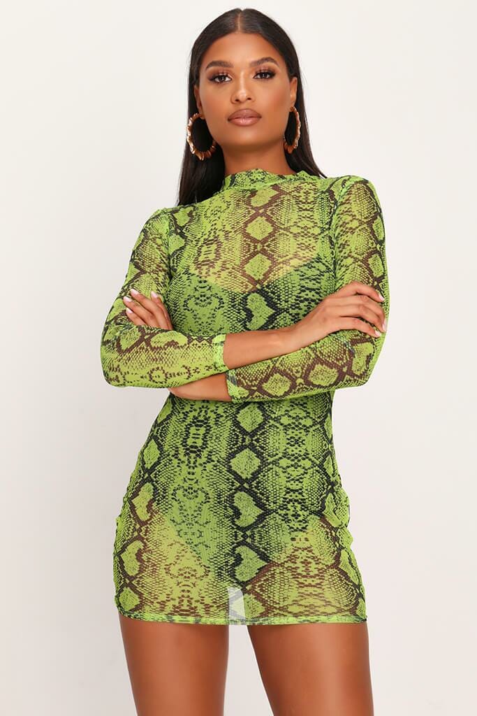 Neon Lime Snake Print Bodycon Sheer Mesh Dress - 6 / GREEN