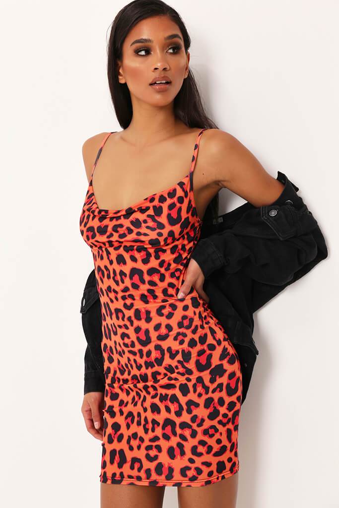 Orange Leopard Print Slinky Cowl Neck Mini Dress - 6 / ORANGE