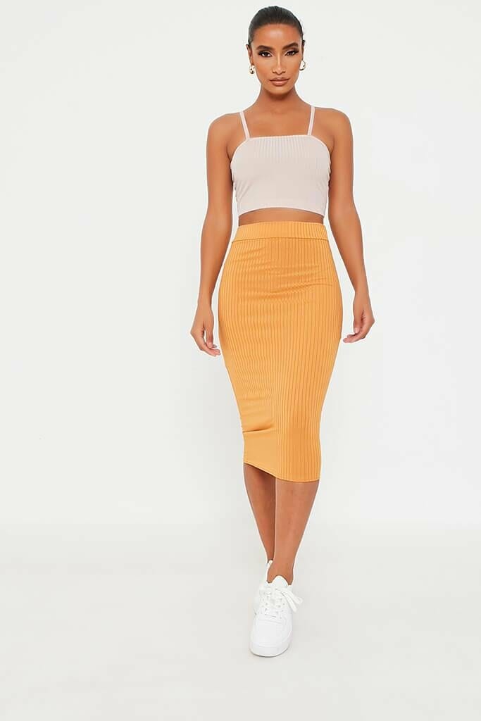 Orange Ribbed Midi Skirt - 6 / ORANGE