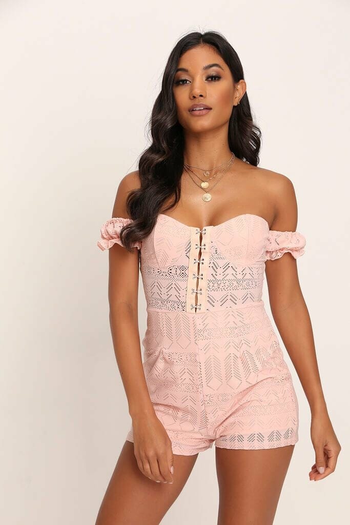 Pink Hook And Eye Lace Playsuit - 4 / PINK