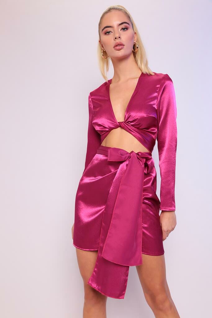 Pink Satin Twist Front Dress - 6 / PINK