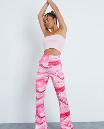 Pink Slinky Marble Print Flared Trousers - 6 / PINK