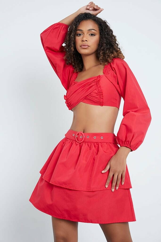 Red Belted Tiered Mini Skirt - 4 / RED