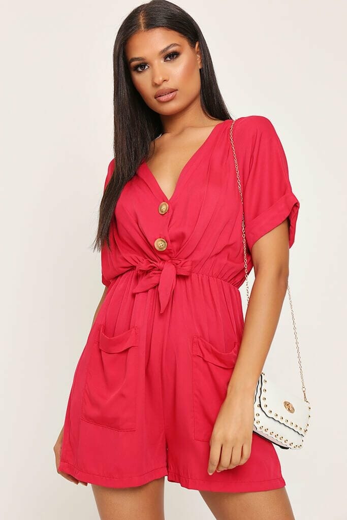 Red Button Front Utility Playsuit - S/M / RED