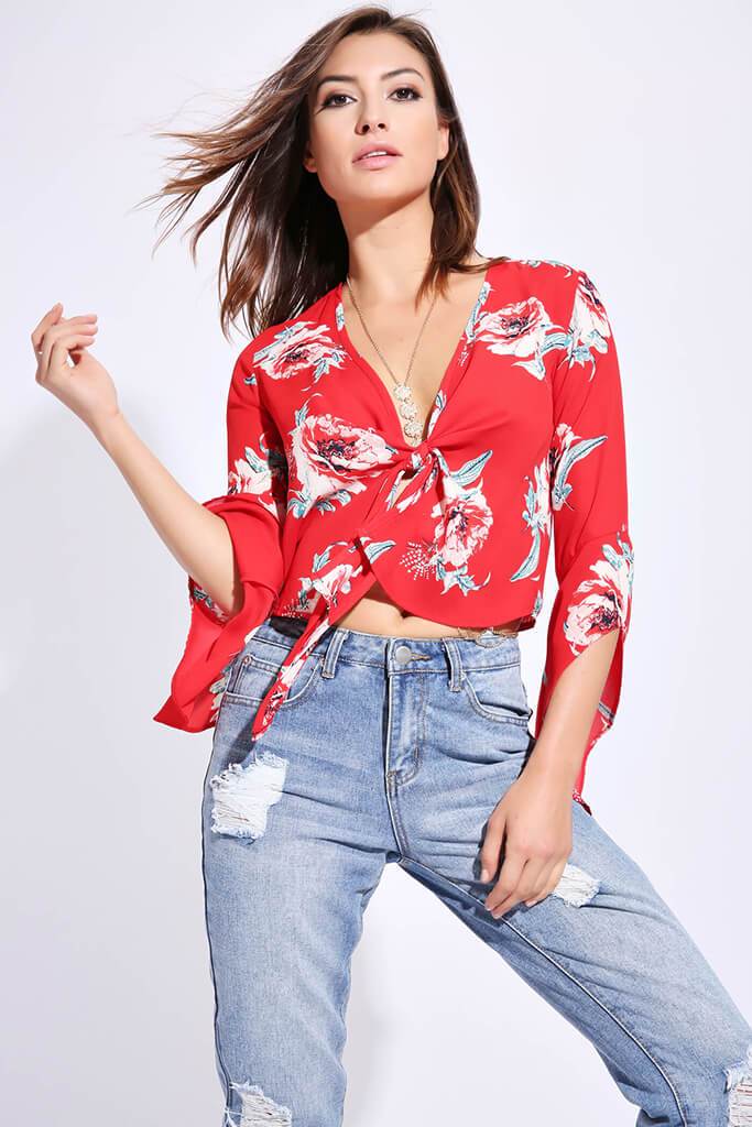 Red Floral Tie Front Top - 6 / RED