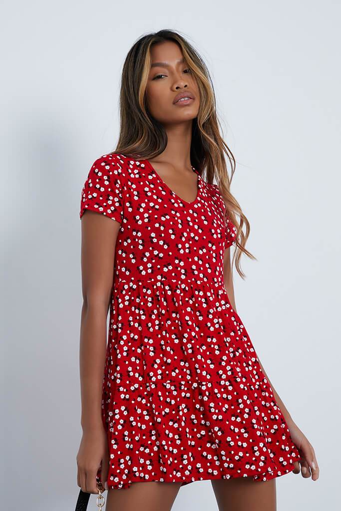 Red Floral V Neck Short Sleeve Tiered Smock Dress With Mask - 4 / RED
