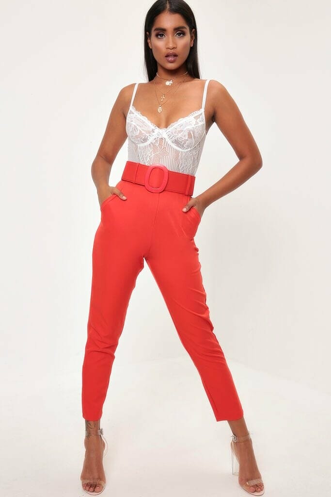 Red High Waist Belted Trousers - XS / RED