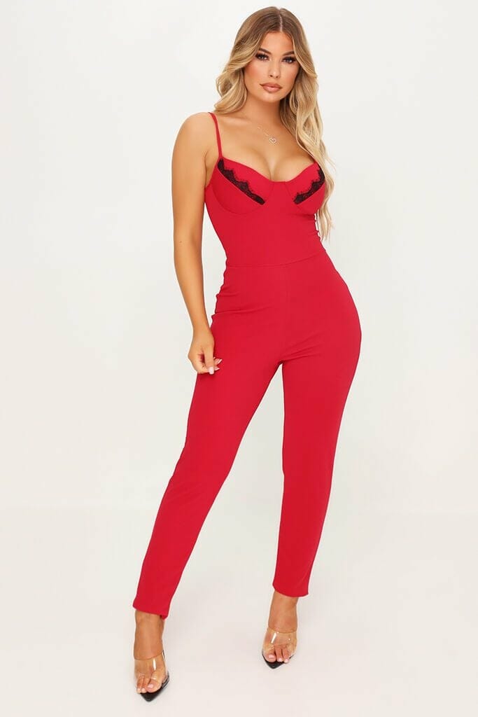 Red Lace Detail Skinny Leg Jumpsuit - 4 / RED