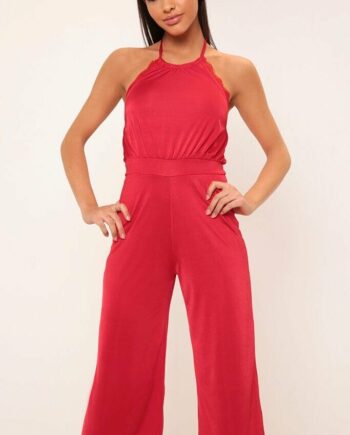 Red Lace Trim Backless Halterneck Jumpsuit - 6 / RED