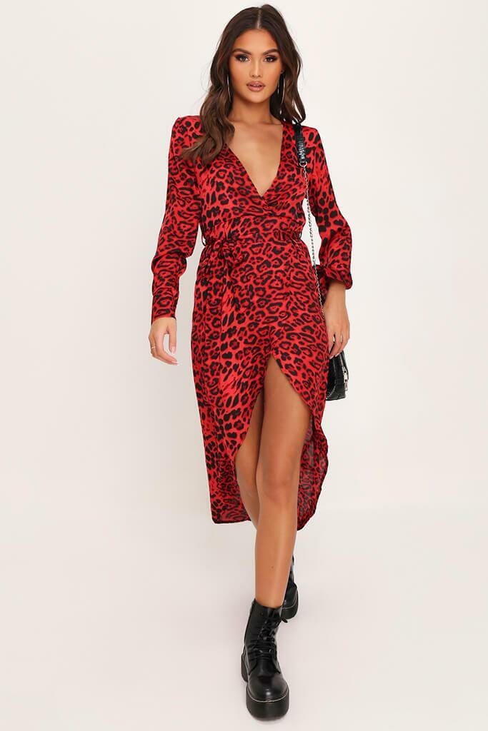 Red Leopard Print Wrap Front Midi Prom Dress - 6 / RED