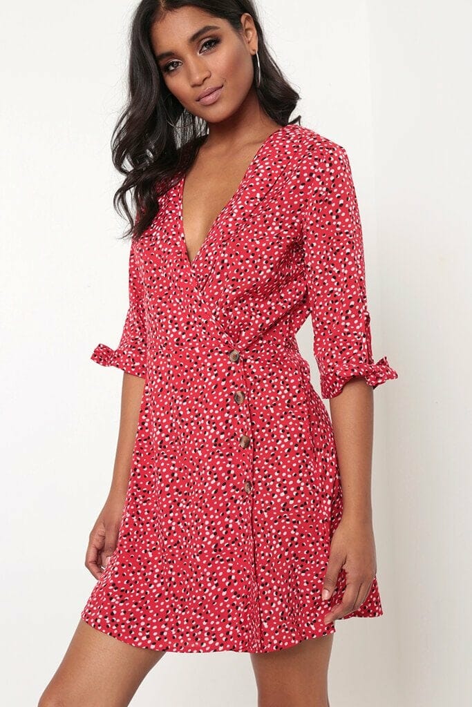 Red Printed Button Tie Sleeve Dress - 6 / RED