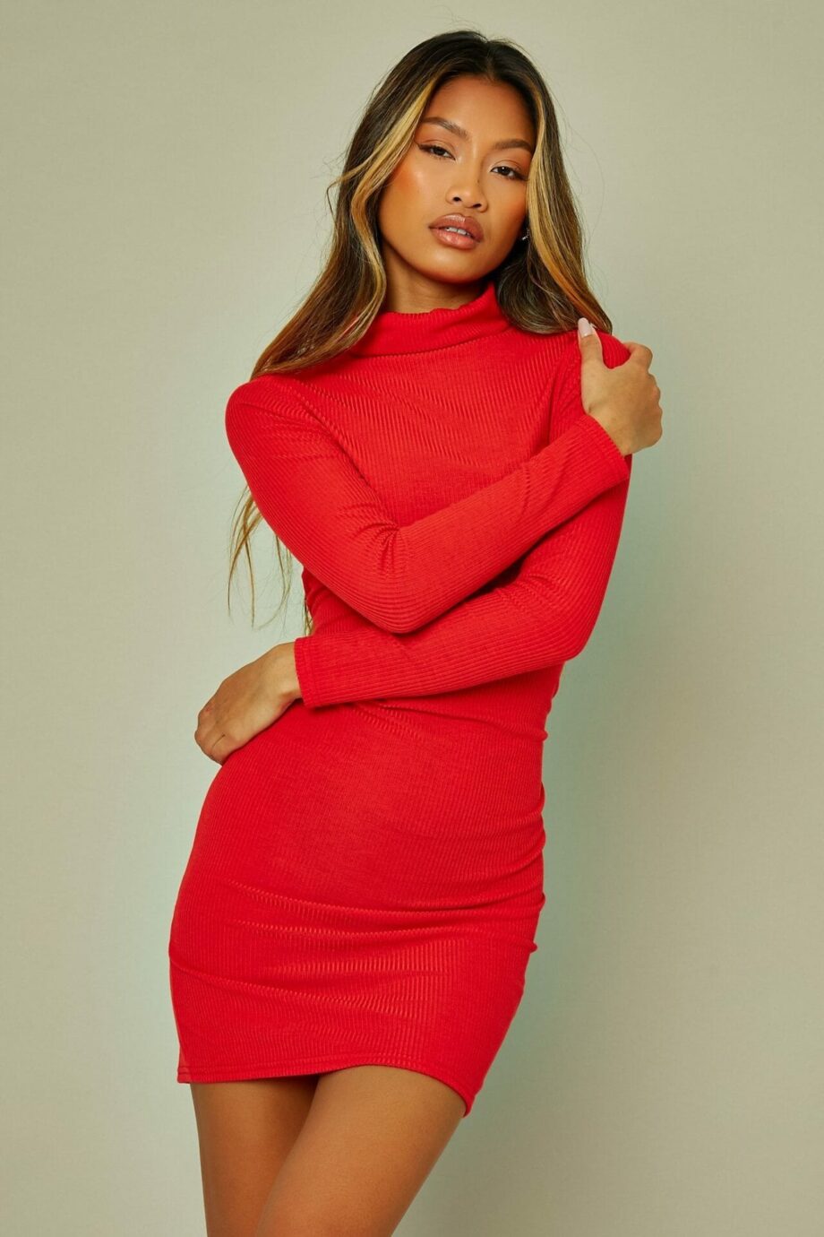 Red Rib Turtle Neck Long Sleeve Mini Dress - 4 / RED