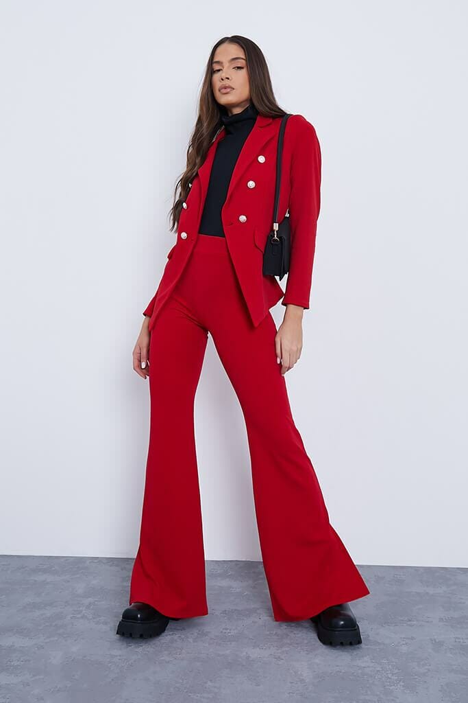 Red Side Split Wide Leg High Waisted Trousers - 6 / RED