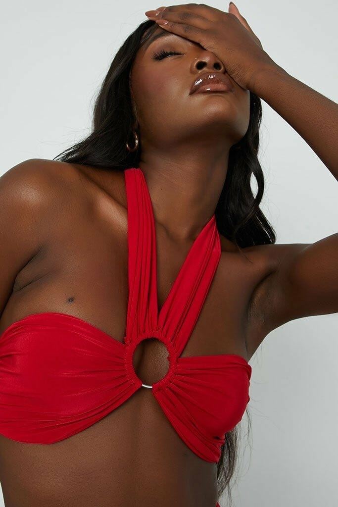 Red Slinky 'O' Ring Halter Neck Crop Top - 4 / RED
