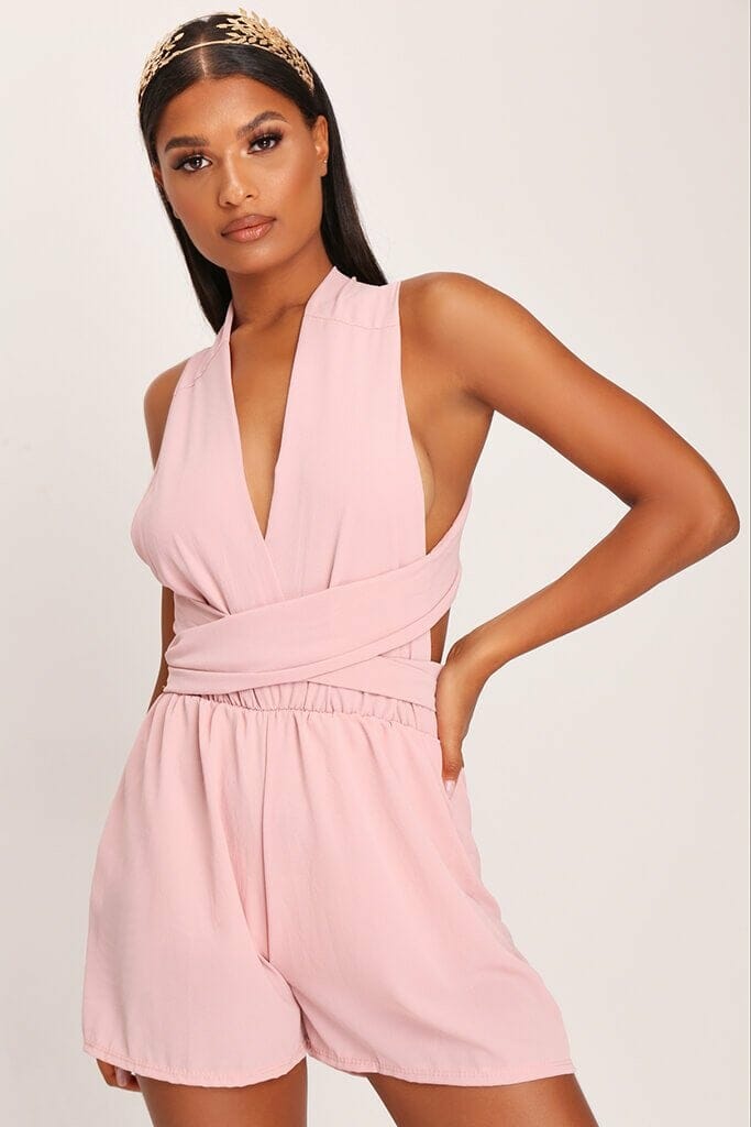 Rose Pink Plunge Front Cross Back Playsuit - S/M / RED